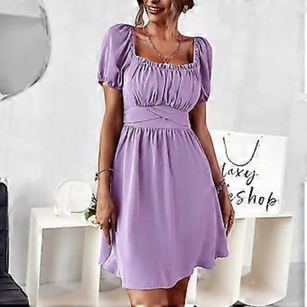 Elegant Lilla Rynket Kjole - Stilfuld Bindebåndsryg Pufærme A-Linje Firkantet Hals Kort Sommer Mode, XL
