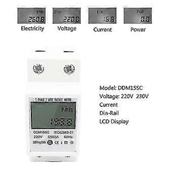 Digital elmätare 220V 5(80)A Digital 1-fas DIN-skena energimätare