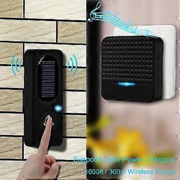 Trådlös Solcellsdörrklocka IP65 Vattentät 300M Dörrklockor Ringsignal Kit Solenergiladdning Utomhus Dörrklockor - EU-kontakt