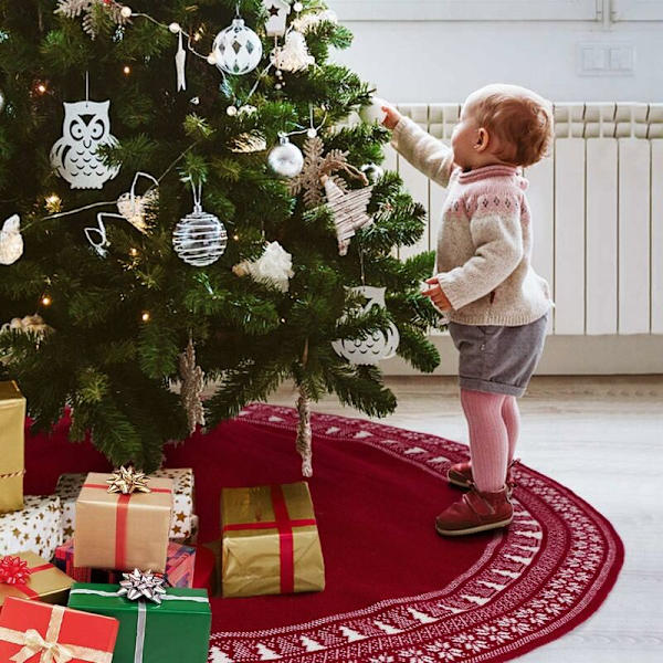 Julgransmatta, 122 cm stickad julgransmatta med snöflinga tjock julgran rustik semesterdekorationer matta topper träd T