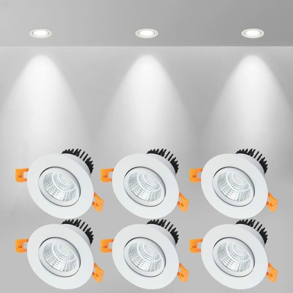 6x LED-upotetut valaisimet, 5W COB-upotettu kattovalaisin, viileä valkoinen 6000K, 500LM, AC 220-240V, Ra≥90, sädekulma 24°, IP44, kylpyhuoneeseen, keittiöön,