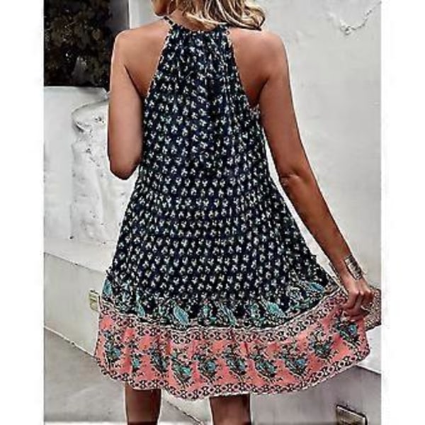 Elegant Mörkblå Halterneck Klänning - Stilren Ärmlös Boho Lång Klänning med Tryck och Volang, Ledig Outfit, XL