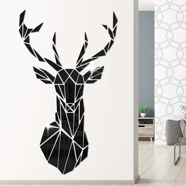 Vægkunst Dekal Hjortehoved Spejl Stickers Hjem Indretning - 43x26cm - Sort-Fei Yu