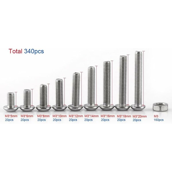 340 stk. 304 rustfrit stål rundhoved sekskantmøtrik skrueboltesæt, M3 X 5/6/8/10/12/14/16/18/20mm