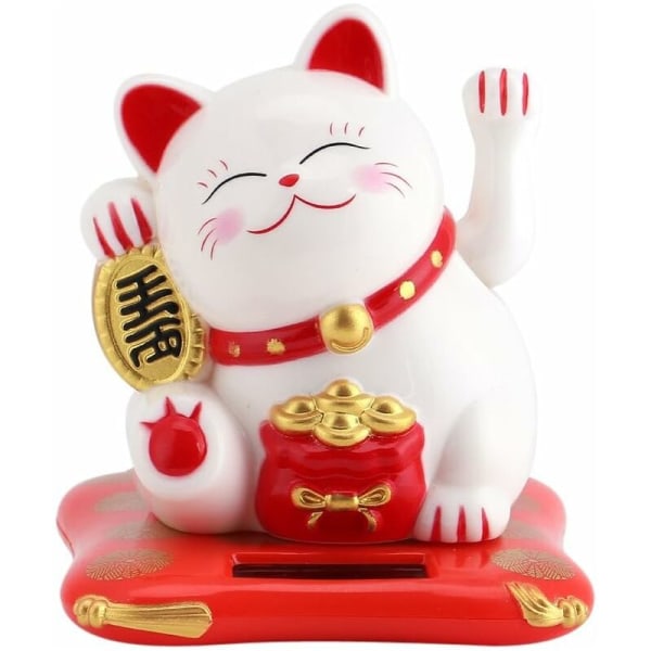Solcelledrevet vinkende katt bildekorasjon japansk lykkekatt solcelledrevet lykkebringende dekor (hvit)-Fei Yu