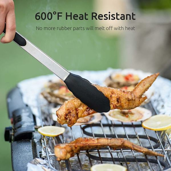 Set med 3 grilltenger i rustfritt stål, kjøkkenredskaper med varmebestandig silikonkonhåndtak, non-stick buffettenger, BPA-fri (svart)-F