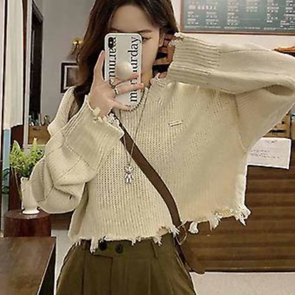 Crop Langærmet Sweater Distressed Kant Moderigtig Løs Pasform Hvid Dame Striktrøje til Efterår Hvid Fri Størrelse