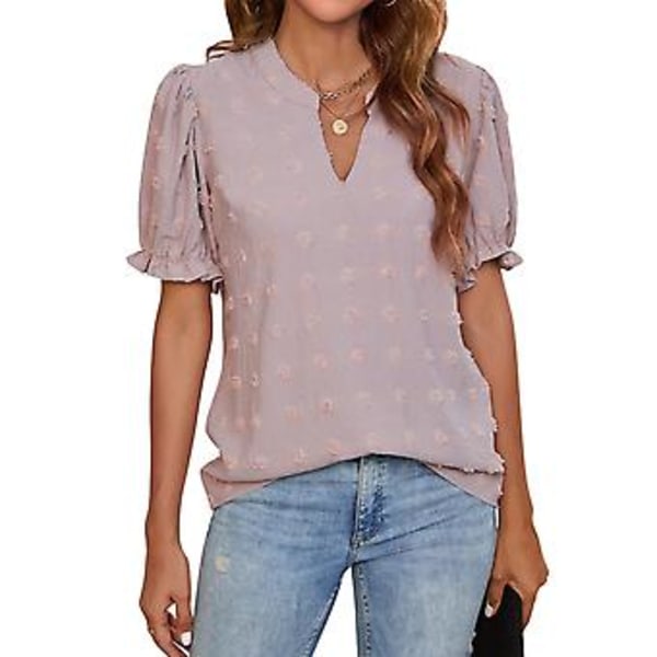Dame Chiffon Skjorter Casual Sommer Topper Puff Korte Ermer V-hals Sveitsisk Prikk Pom Pom Bluser for Arbeid Reise Fest Lys Lilla L