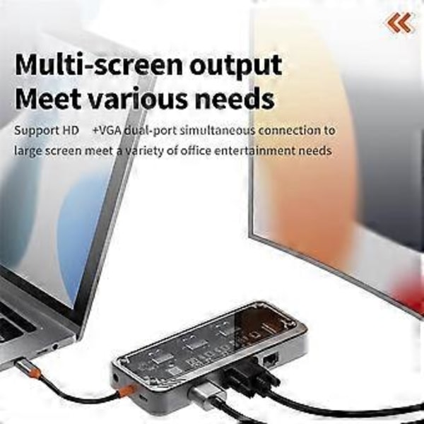 10-in-1 USB C -telakointiasema kannettavalle tietokoneelle, 100 W:n moniporttinen läpinäkyvä USB C -keskitintelakka , /Pro:lle