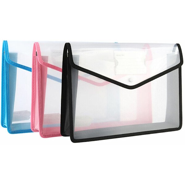 A4 Plastic Pouch, 3Pcs Transparent Envelope Snap Button Folder Expandable Document File Holder, Black, Blue, Pink，33724.9cm