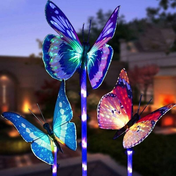 Udendørs dekorative solcelledrevne havelamper, 3-pak solcelledrevne havelamper med sommerfugl flerfarvede LED-lys ændrer have, terrasse, have