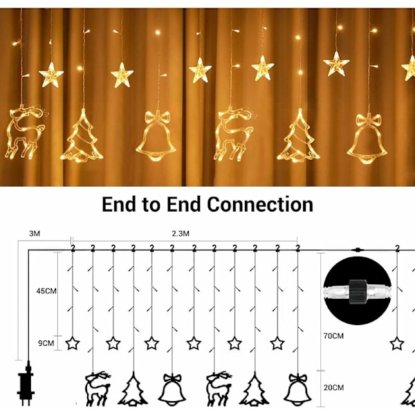 Julelys gardin 138 LED, julevindu lys girlander stjerne reinsdyr gran bjelle, innendørs/utendørs julebelysning dekorasjon, koblingsbar L