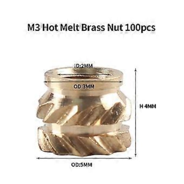 Varmeinnsettingsmutter Jernspiss Innsetting Innvendig Gjengehode M2-M8 Messing Varm Smelte Innsettingsmutter Innsettingssett med 100 stk M3 Mutter