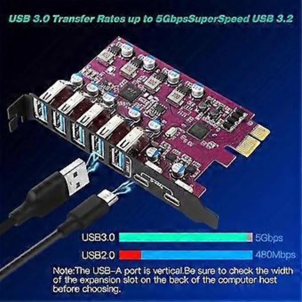 7 Portar USB 3.0 Expansionskort USB-A 5X USB-C 2X PCI Express USB Add in Card Hub Converter för Stationär PC Värdkort