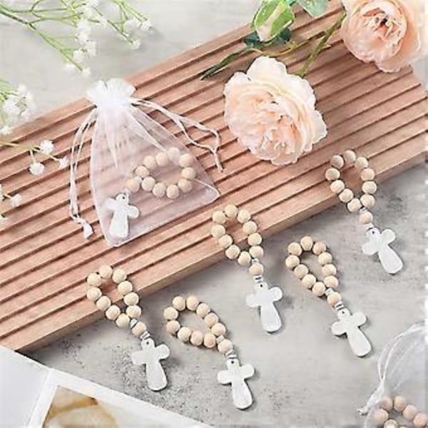 36 stk. Rosenkrans i tre med hvite nettingposer for dåp, første kommunion, konfirmasjon, babyshower, brudedusj