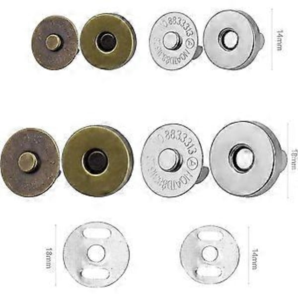 20 stk. Magnetisk Lås Knapp, 14mm 18mm Magnetiske Knapper Trykknapp Magnetisk Lås For Stoffveske, Sying Lærklær, DIY Håndverk, Bronse, Sølv