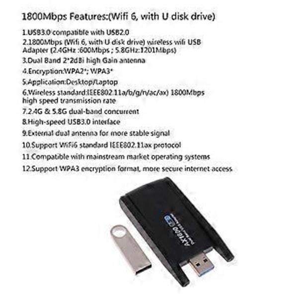 1800M USB WIFI 6 -sovitin, kaksoisantenni, verkkokortti AX1800, kaksitaajuuksinen 2.4/5 GHz WiFi-sovitin WIFI6 PC-tietokoneille, kannettaville ja tableteille