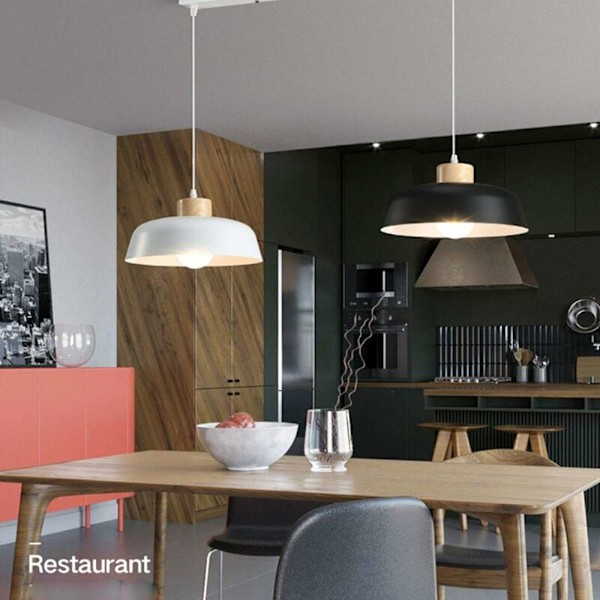 Moderne E27 loftslampe nordisk enkel pendellampe i træ og metal sort