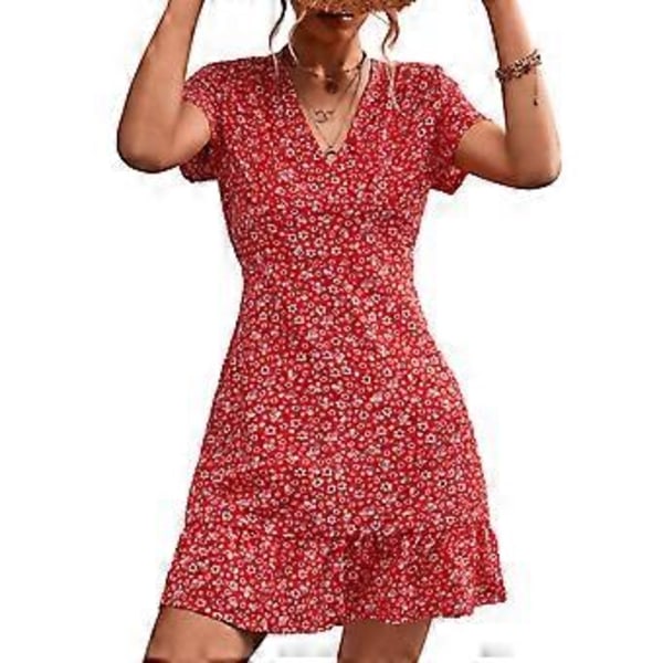 Elegant rød blomsterprint kort kjole - Åndbar flæsekant afslappet sommermode, L
