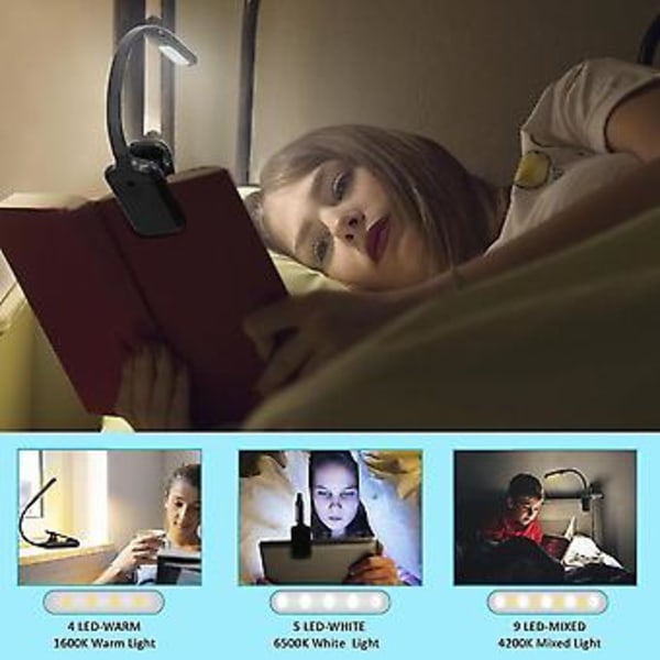 Boglampe, Genopladelig Læselampe, 9 LED Lys Med 3 Lysstyrker