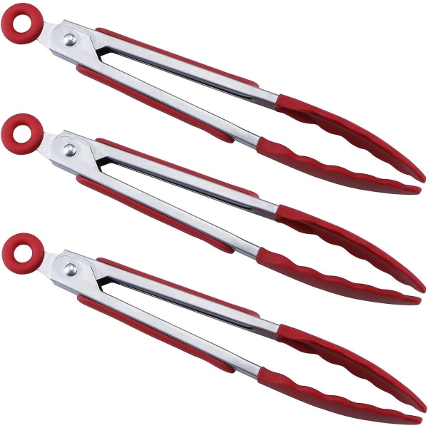 7" Mini Silicone Kitchen Tongs - Set Of 3, Red - Handy Serving Tongs For Cooking