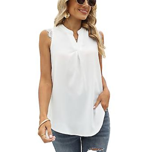 Tanktopp for kvinner V-hals Blondekant Løs Passform Ensfarget Kul Chiffon Casual Skjorte for Daglig Bruk Hvit XL