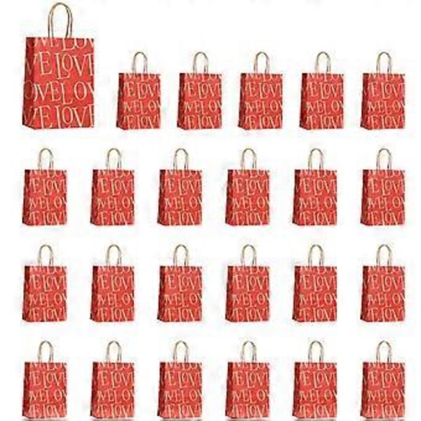 E 24 stk Valentinsdag Gaveposer, Godteposer med Håndtak Hjerte Kjærlighet Papirposer for Bryllup og Valentinsdag