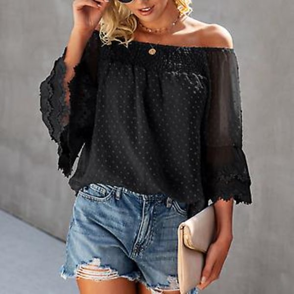 Dame Off Shoulder Topp 3/4 Bell Ermer Løs Passform Elastisk Halslinje Fôr Inni Sommer Bluse Svart XL