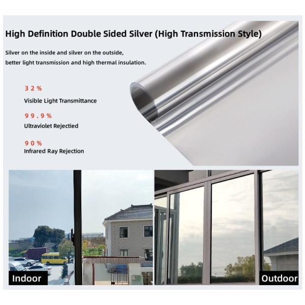2PCS 60x100cm Envägs Fönsterfilm för Sekretess, Premium PET-material, Dagtid Värme Reflektion Anti-UV Kontroll Självhäftande för Vardagsrum H