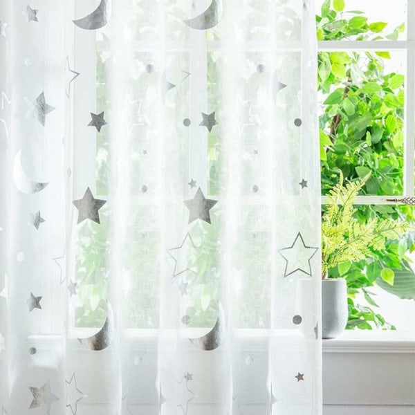 Puoliläpikuultavat ikkunat 1m pitkät tyttöjen huoneeseen makuuhuoneeseen, söpö kuu- ja tähtikuvio, läpikuultavat tylliverhot, 2 paneelia, 1m x 1,3m