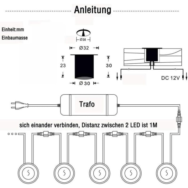 Sett med 16 innfelte LED-spotlights - 12 V - varmhvit - IP67 - vanntett - 0,6 W - diameter: 32 mm - for innendørs og utendørs - 2800 K - varmhvit