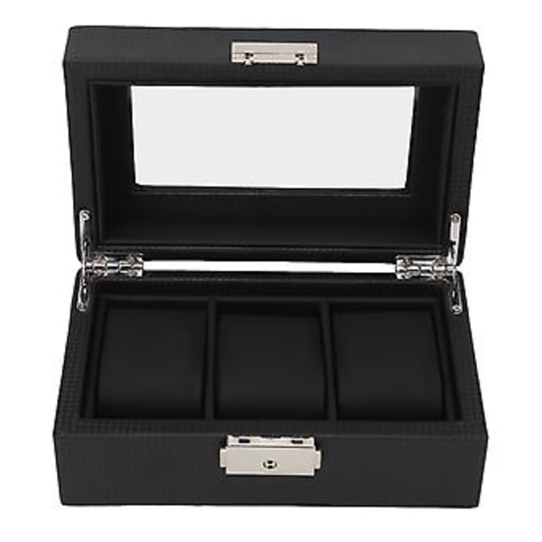 3 Fack Klockbox Låsbar Liten PU Läder Klocka Smyckeskrin med Klart Lock för Män Kvinnor Armband Svart