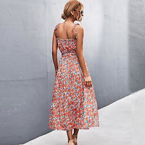 Naisten Rypytetty Rintamus Midi Mekko Kesäinen Rento Tyylikäs Vyöllinen Solmittavat Olkaimet Kukkaprinttimekko Juhliin Oranssi Punainen S