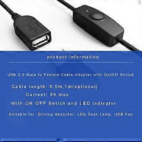 USB A Hun til Han Forlængerkabel med Tænd/Sluk-knap USB Data