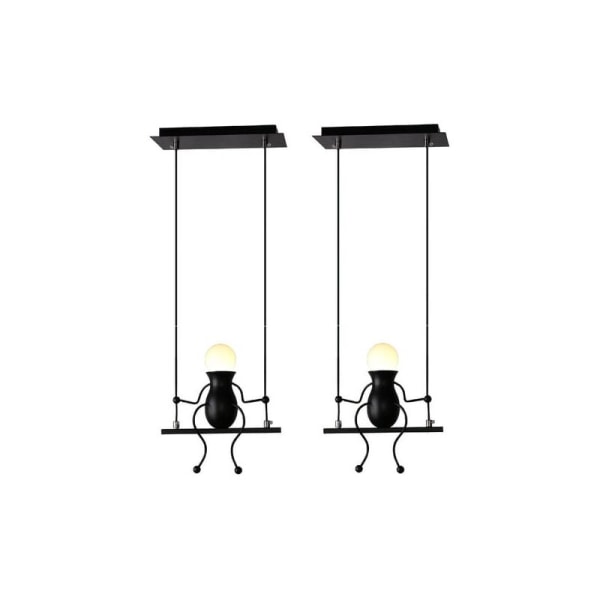 Set of 2 Modern Pendant Light Creative Doll Iron People Swing Children Hanging Lamp Living Room Bedroom Creative Light (Black)