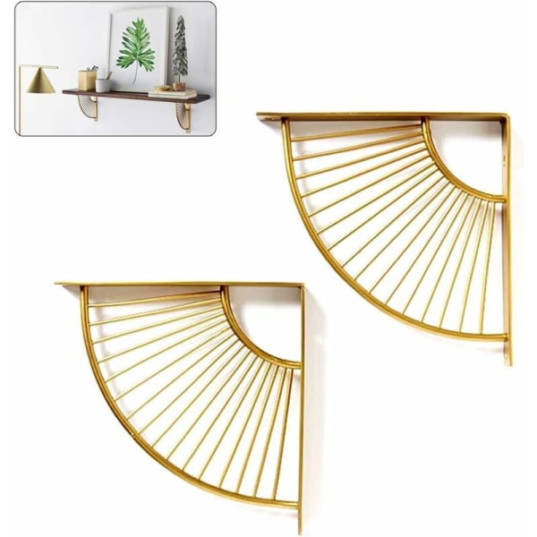 Floating Metal Golden Fan Shaped Triangular Shelf Bracket, Set of 2 Right Angle Wall Shelf Brackets, Hanging Shelving Brackets for Home Decor