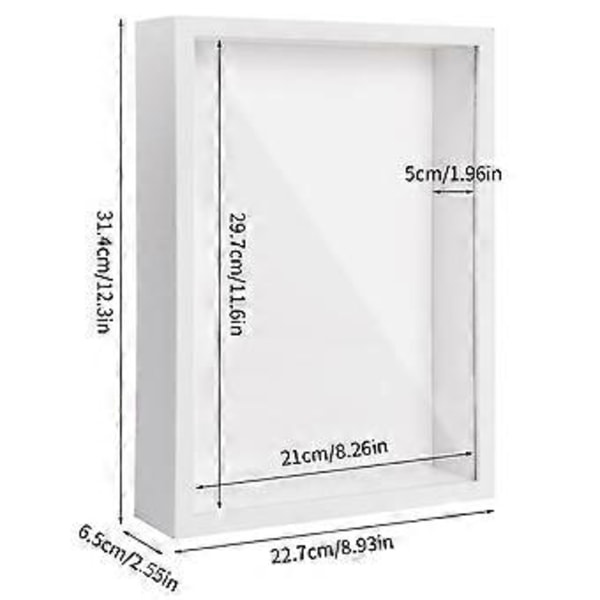 Skyggeboks A4, 5CM Dyp Boks Fotoramme for Bordplate og Vegg, 3D Bilderammer Visningsboks for Håndverk Hvit