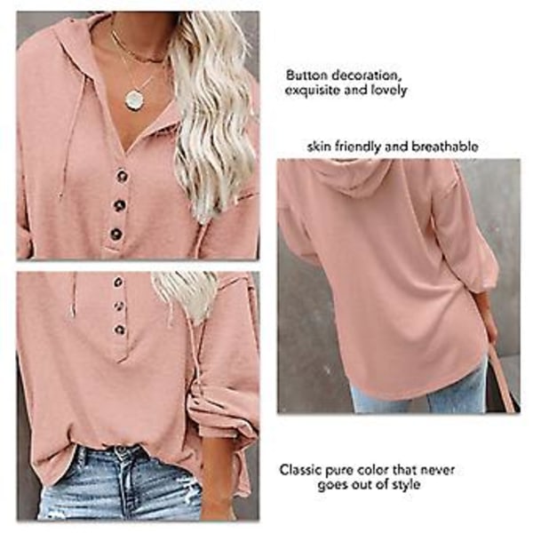 Blus Långärmad V-ringad Knapp Enfärgad Casual Trendig Hooded Toppar för Kvinnor Rosa S