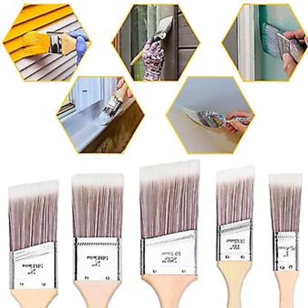 Målarpenslar Set - 5 Delar, Trähandtag, Premium Väggpenselset, Husmålarpensel, Kantpensel