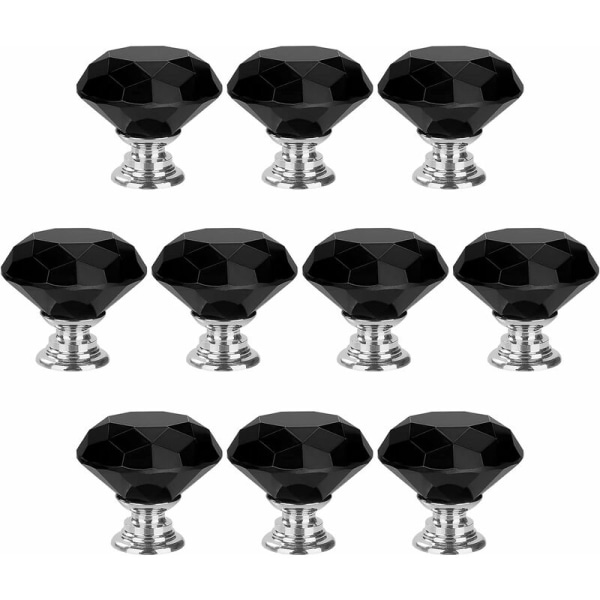 10Pack 30mm Krystallglass Dørskap Knotter Diamond Cut Skuffehåndtak for skap Garderober Skuffer Hjemmedekorasjon med skruer (svart)