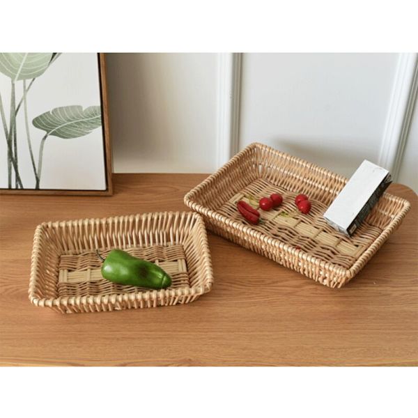 Sæt med 3 rektangulære flettede frugtkurve, fletkurve, serveringsbakker, flettede opbevaringskurve til snacks, frugt osv.