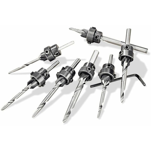 Set of 7 Tapered Drill Bits and Countersinks 1/8", 9/64", 5/32", 11/64", 3/16", 13/64", 7/32" Hss Carpentry Drill Bits with Case