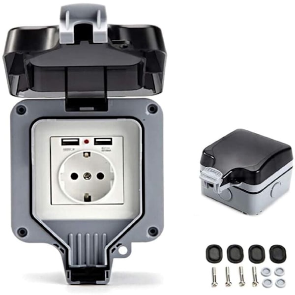 IP66 Ulkoseinäpistorasia USB-porteilla, Vedenpitävä Sähköseinäpistorasia, Ulkopistorasia, Pinta-asennettu Suojattu Kosketus, Vedenpitävä Ulkopuutarha