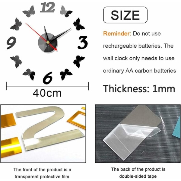 Sommerfuglveggklokke, moderne stille akrylklokke, sommerfuglveggklistremerker DIY 3D kreativ veggklokke, hjemmestudiekontor dekorasjon (2 stk)