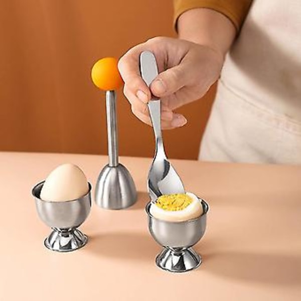 Egg Cracker Topper Sett Myke Hardkokte Egg Separator Verktøy 2 Eggkopper, 2 Metallskjeer & 1 Mykkokt