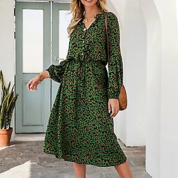 Kjole Leopard Stand Collar Blomsterprint Lang Lanterneærme Medium Længde Kjole til Dame Grøn XL