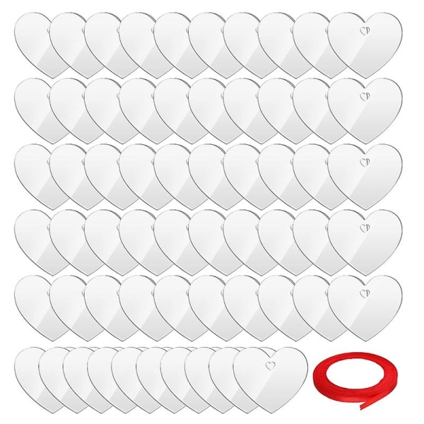 60 stykker akrylhjerterskiver med hull hjerteskiver rødt bånd for gjør-det-selv-håndverk