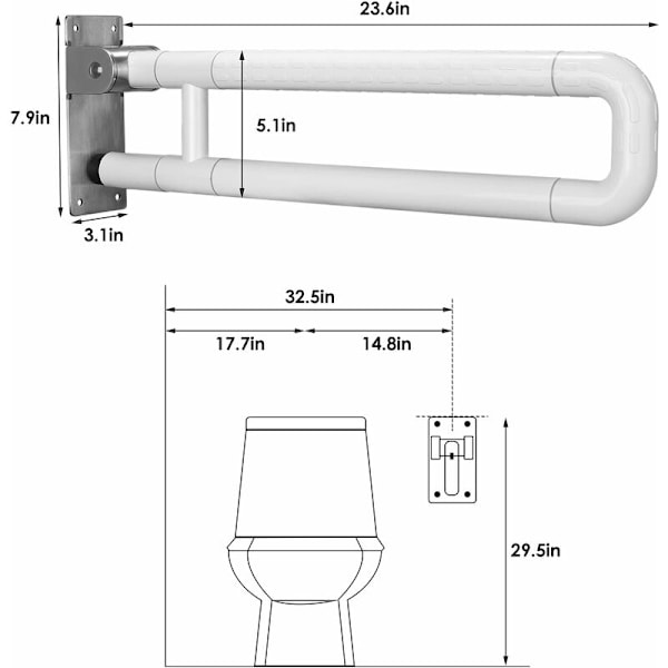 Fällbar toalettgrepp 60CM, handikapptoalettgrepp 300350 KG Toalett säkerhetsgrepp Rostfritt stål badrum grepp för funktionshindrade, äldre, gravida