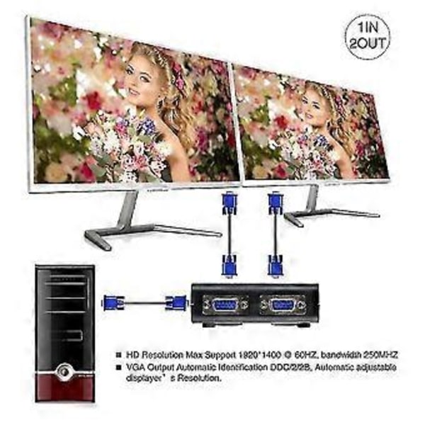 2 Portar Vga Svga Splitter Adapter Konverter Box 1 Dator Till 2 Monitor Video Lcd Skärm