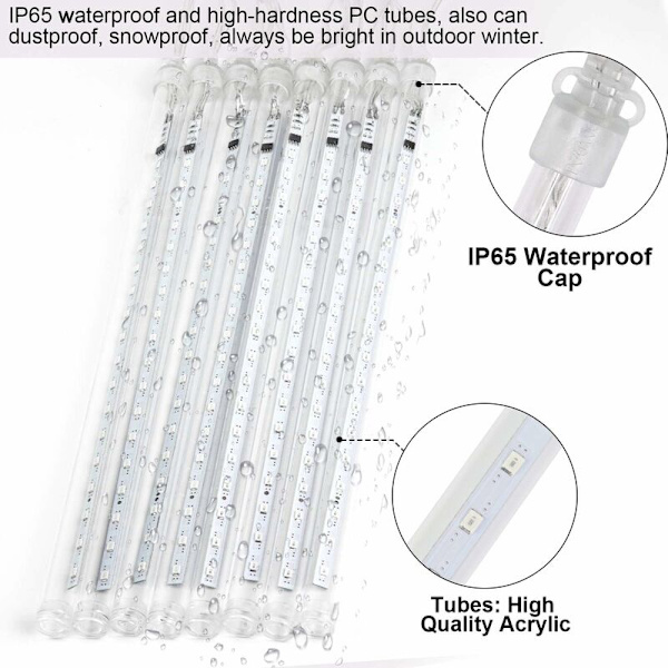 Meteorregn 30cm, 8 Vanntett Transparens Rør LumiChristmass Girlander, 288 LED Vær Dusjlys for Jul Utendørs Hage Tre De